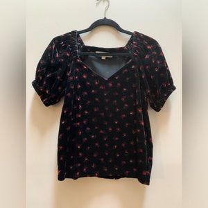 Loft short sleeve black velvetey blouse with cherries pattern